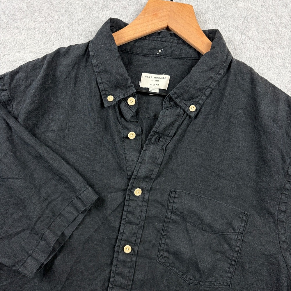 Club Monaco Shirt Mens XL Black 100% Linen Slim Fit Button Down Resort Preppy